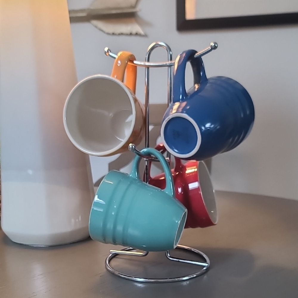 Philippe Richard Hand Painted Colorful Ceramic Mug Set with Chrome Stand